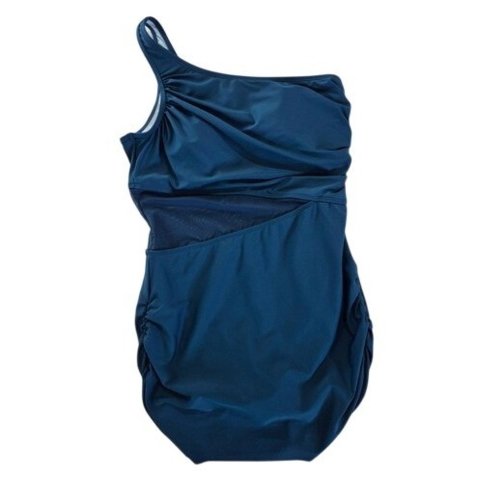 Cupshe Teal One Shoulder Ruched Mesh Tummy Control Swim Dress Large NWT